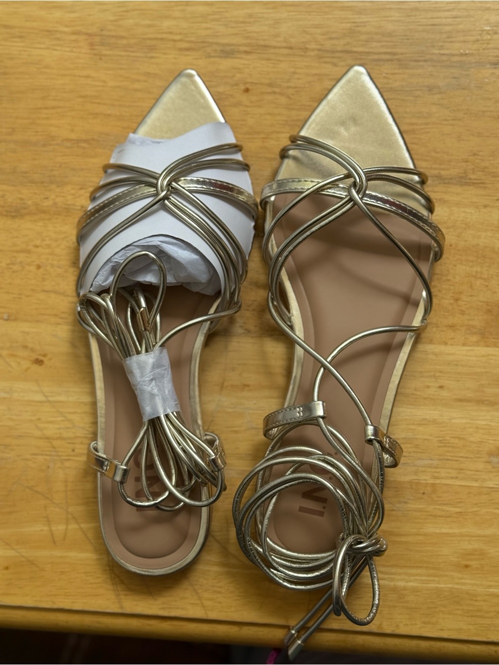 INC International Concepts Gold Strappy Pointed-Toe Flat Sandals NWOB